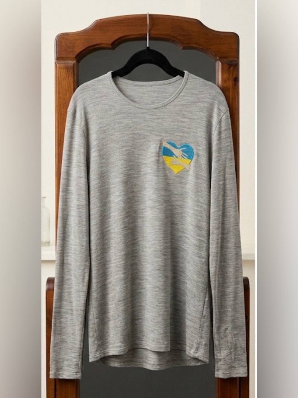 Cloudveil Merino Wool Long-Sleeve Crewneck Shirt with Heart Patch in Grey
